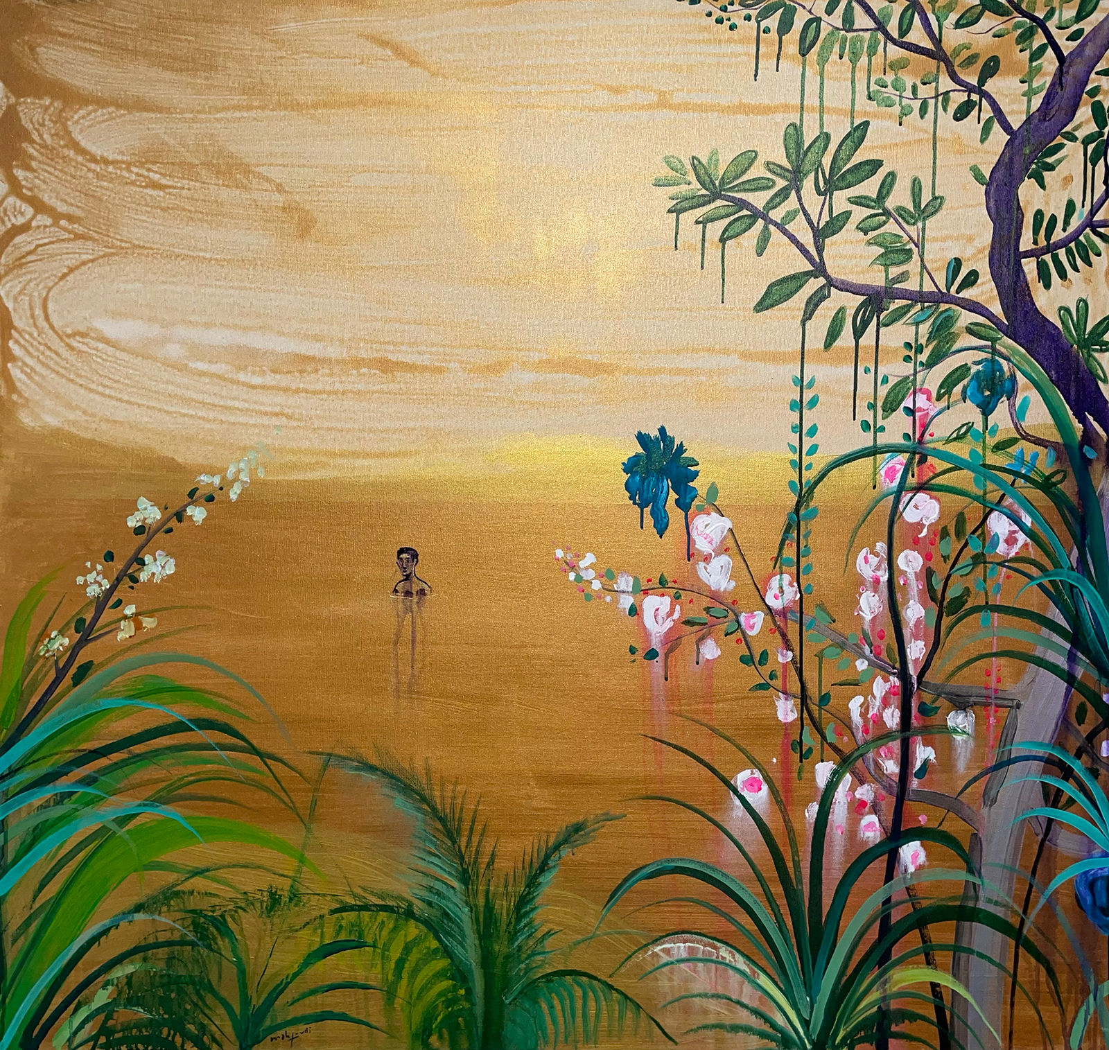 Omar Mahfoudi painting. Moroccan Artist. Contemporary art. Acrylic and ink on paper and canvas. Figurative. Abstraction. Cinematic paintings. Dreamy. Bold colours. Ink on paper.