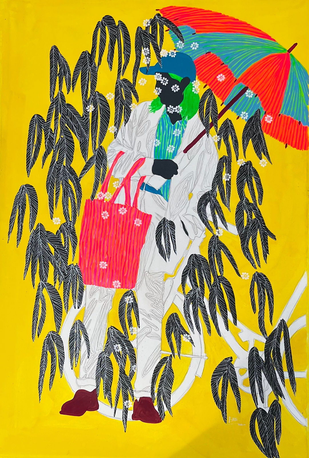 Moutsapha Baidi Oumarou painting. Cameroonian Artist. Contemporary art. Acrylic and pen on canvas. Flamboyant hues and monochrome background. Bold colours. Daily-life scenes.