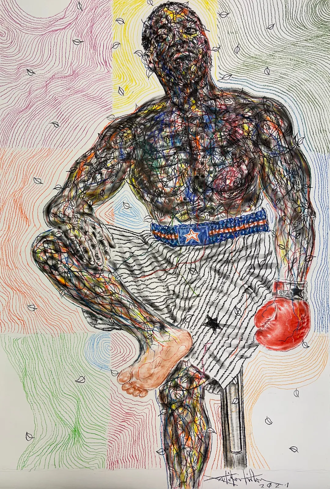 Salifou Lindou painting. Cameroonian Artist. Contemporary African art in Paris. AFIKARIS Gallery Paris. Mixed media on canvas. Figurative portraits. Duality of human beings. Observation of society. Cercle Kapsiki.