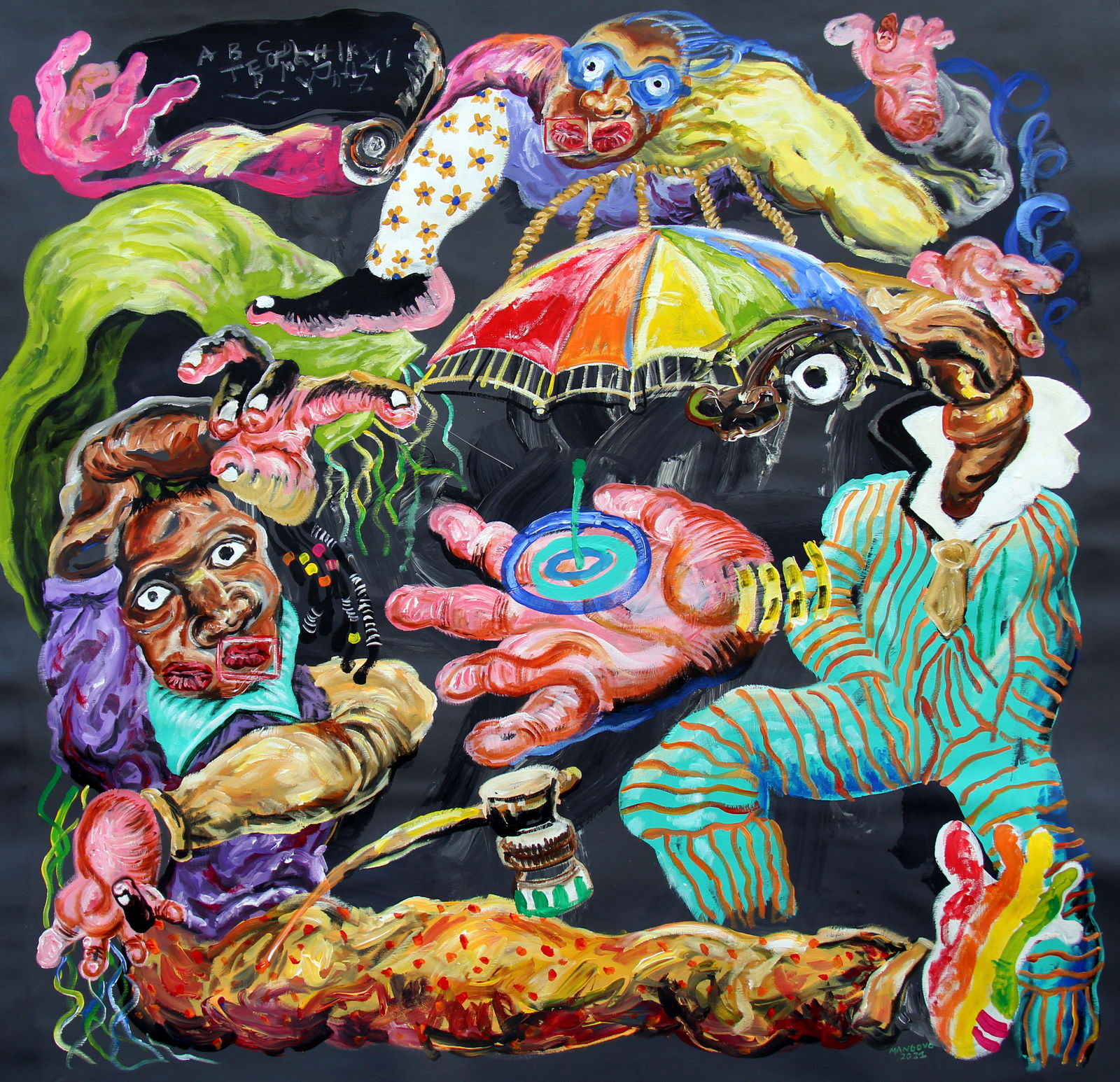 Christiano Mango painting. Angolan Artist. Contemporary African art in Paris. AFIKARIS Paris. Acrylic on canvas. Political dimension. Composite creatures.