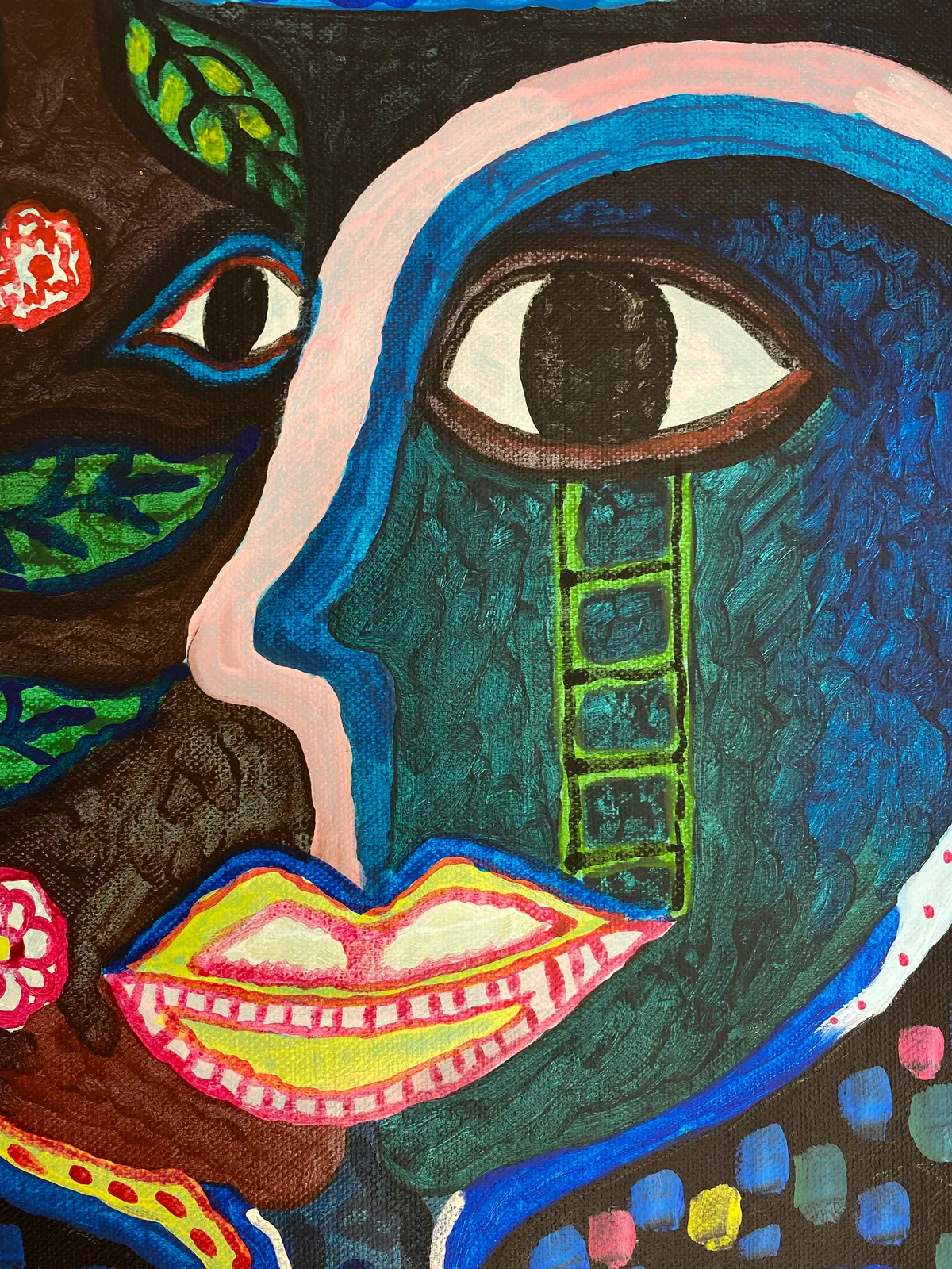 Hervé Yamguen painting. Cameroonian historical Artist. Contemporary African art in Paris. Acrylic on paper. Colorful painting. Abstract Figurative. Cercle Kapsiki.