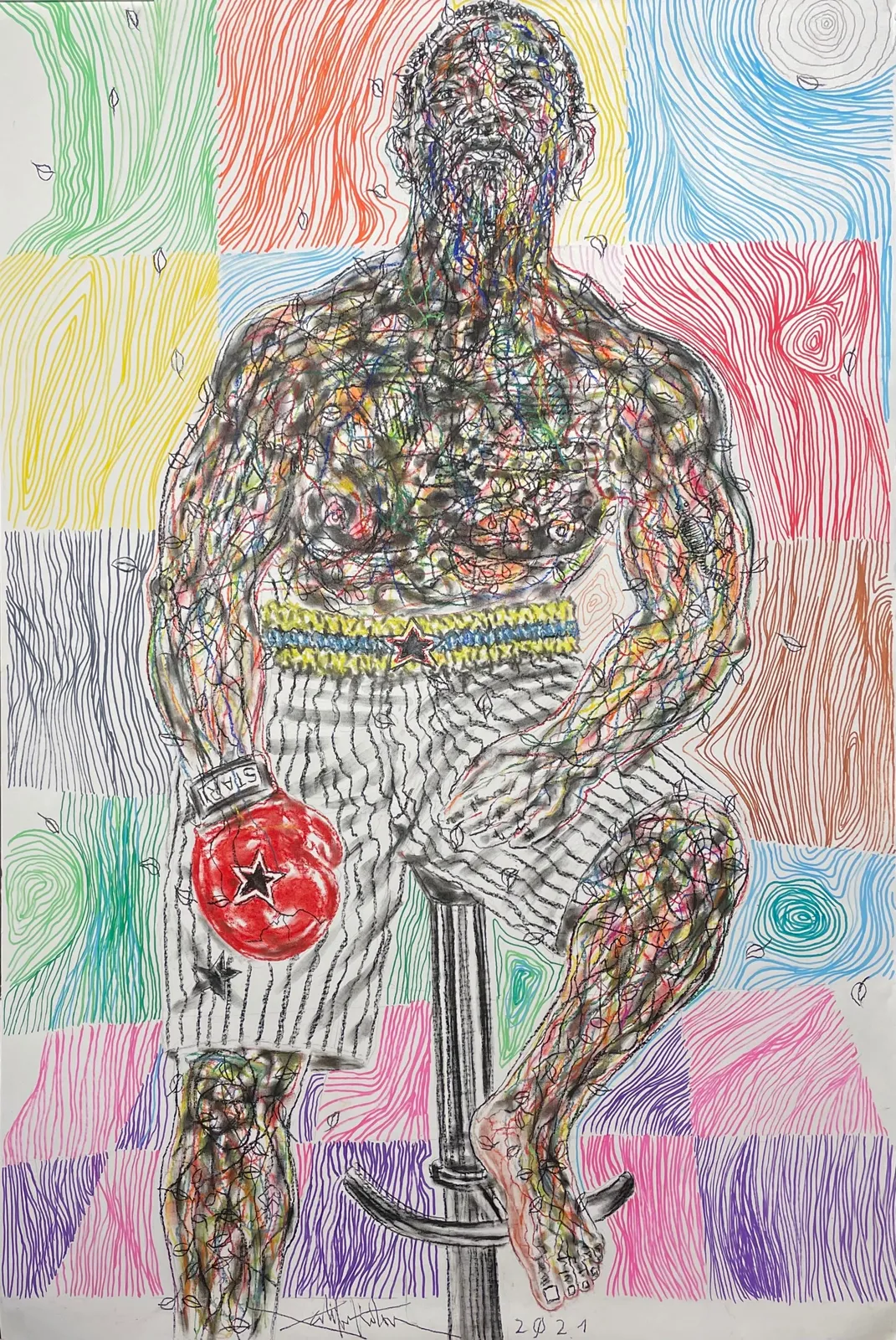 Salifou Lindou painting. Cameroonian Artist. Contemporary African art in Paris. AFIKARIS Gallery Paris. Mixed media on canvas. Figurative portraits. Duality of human beings. Observation of society. Cercle Kapsiki.