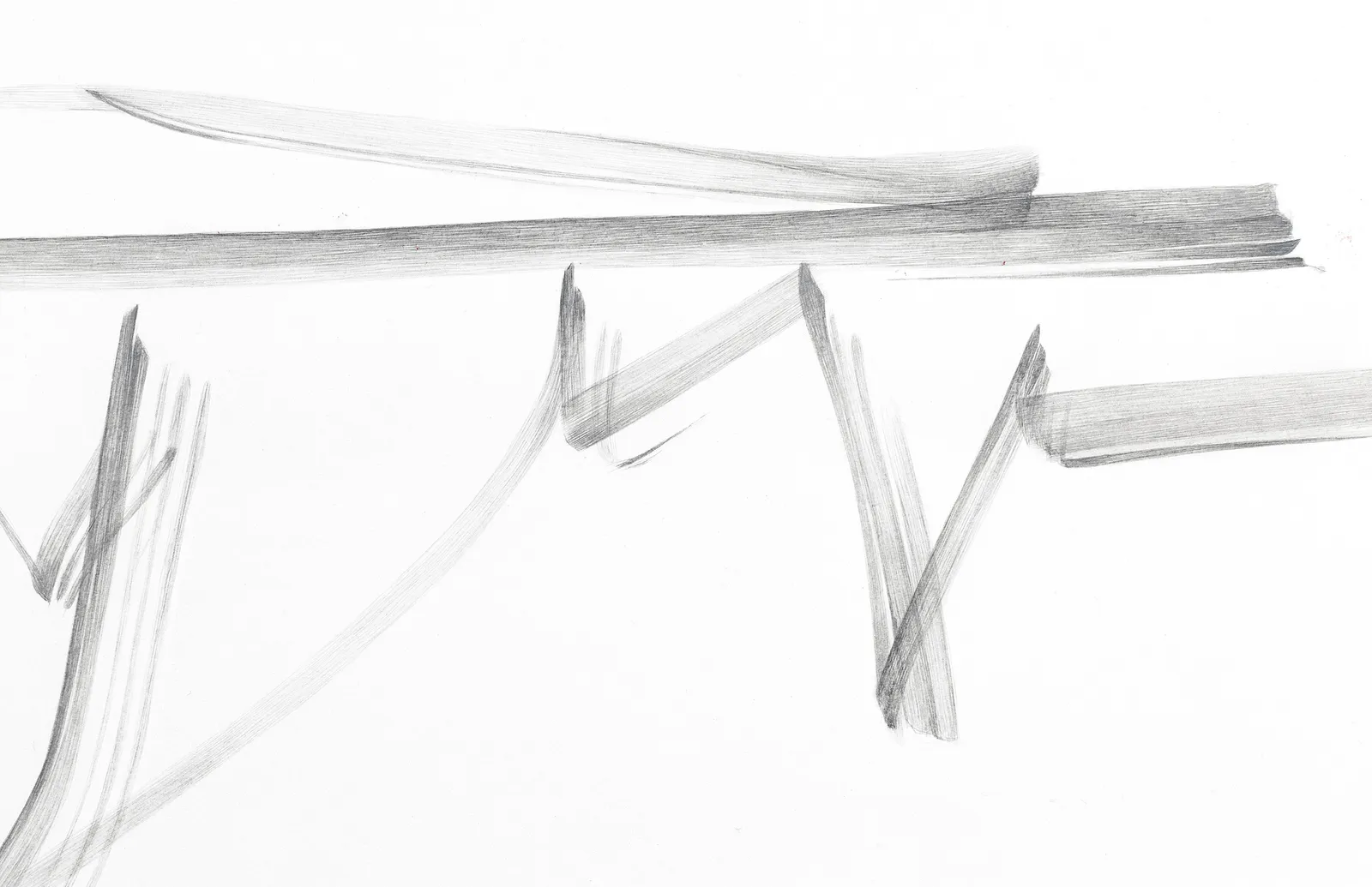 A diptych Artwork made on tinted wasli paper with gestural strokes in grey and red with gouache colour with each stroke having multiple smaller strokes within it depicting a horizontal freehand stroke extending from the first part of the diptych to the second seeming like a scribble towards the end