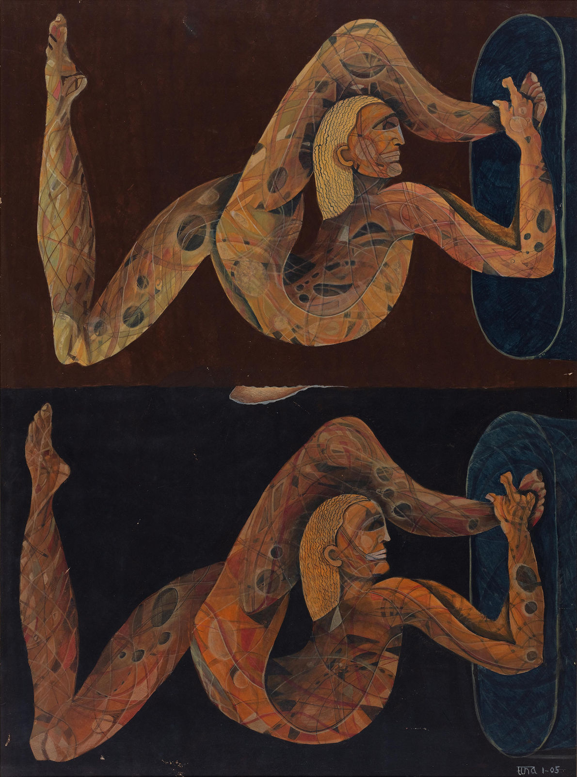 An abstract artwork made with earthly tones like green, brown and mustard depicting two women extending their legs over their head in an acrobatic posture rendered with a bold use of line and colour