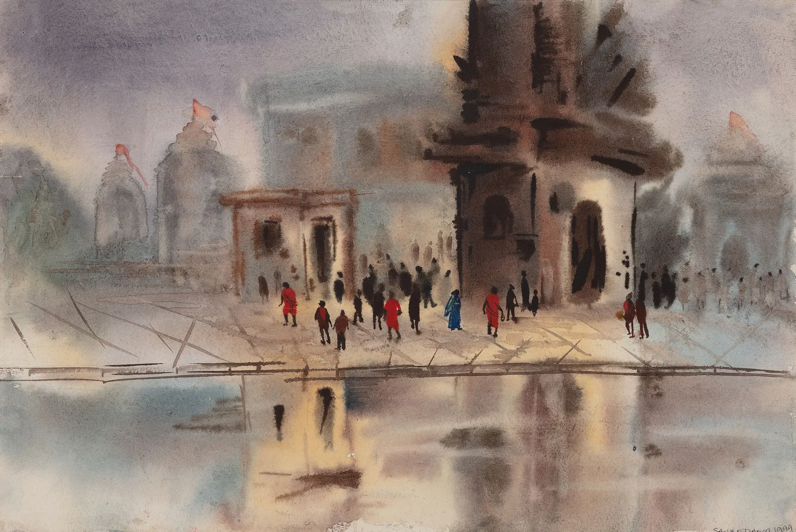 Landscape made with watercolour showing a temple facade with people walking around