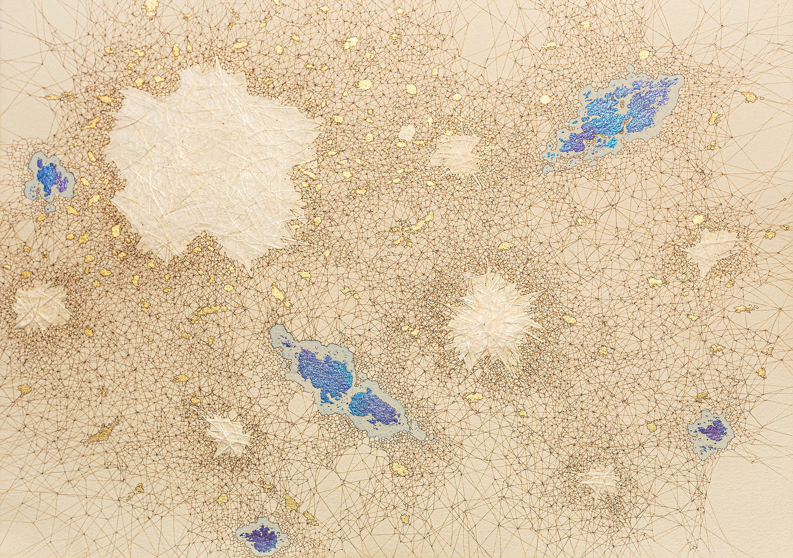 An abstract work on paper in blue and golden showing the underground network of roots