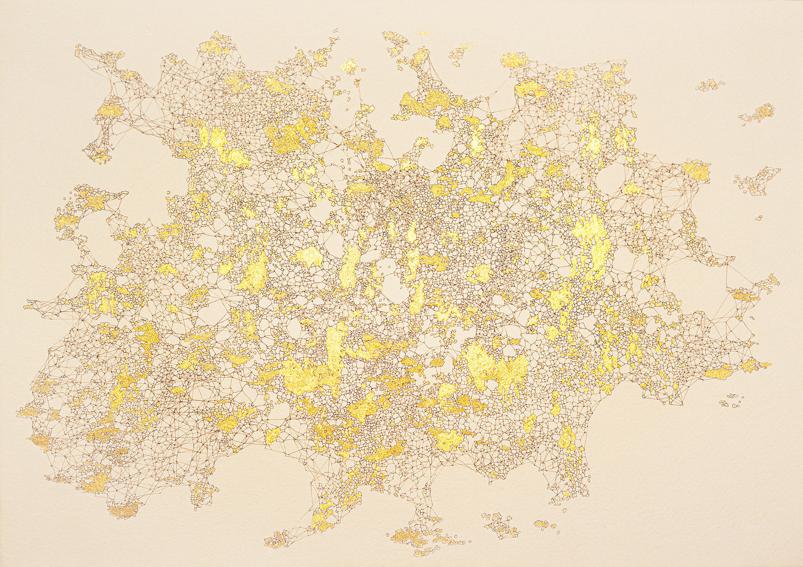 An abstract work on paper in golden showing the underground network of roots.