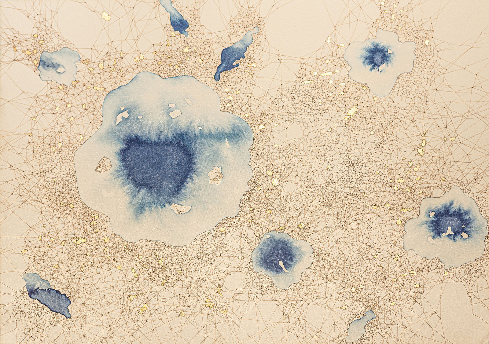 An abstract work on paper in blue and golden showing the underground network of roots