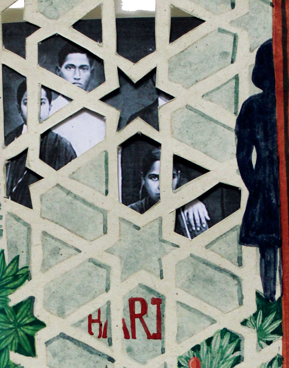 A colourful painting on Nepali paper pasted on three layers of wasli paper depicting patterns, motifs, architecture, portraits and text that represents the nostalgia of the artist for her ancestral lineage and home in Bangladesh