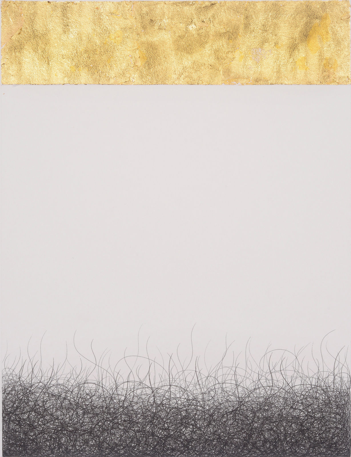 Artwork rendered in gold foil and ink depicting strands of hair meticulously drawn by Pakistani artist Rehana Mangi