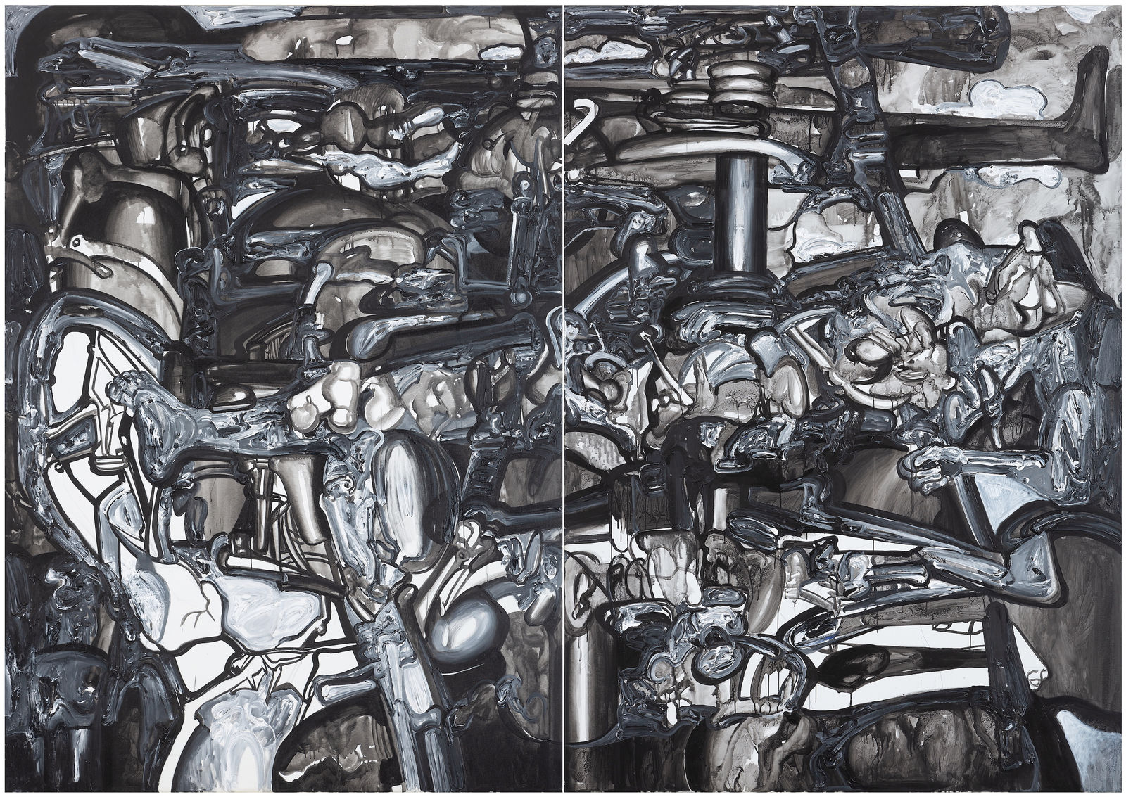 A large diptych mix media canvas titled 'Site Specific Situation' by contemporary Indian artist Probir Gupta