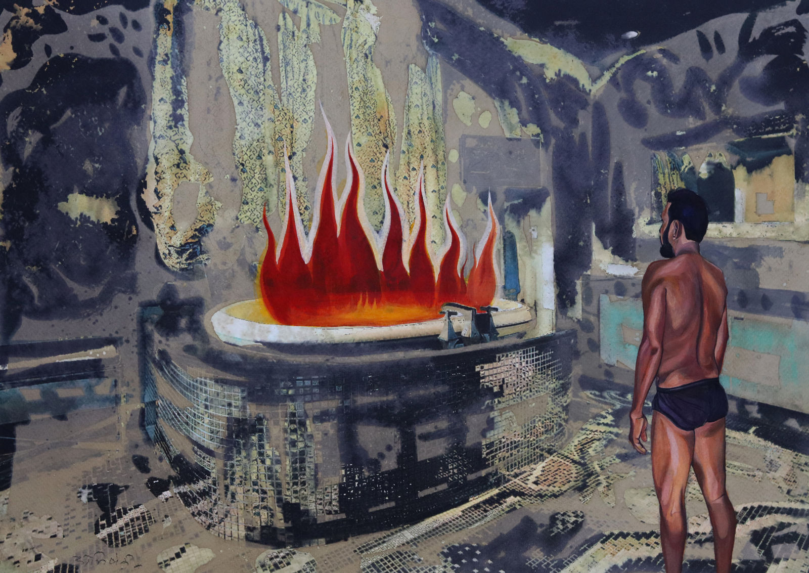 A mix media painting on hand-bleached inkjet print depicting an interior setting showcasing a bare backed self portrait of the artist wearing black shorts overlooking flames of fire that emerge from a pedestal
