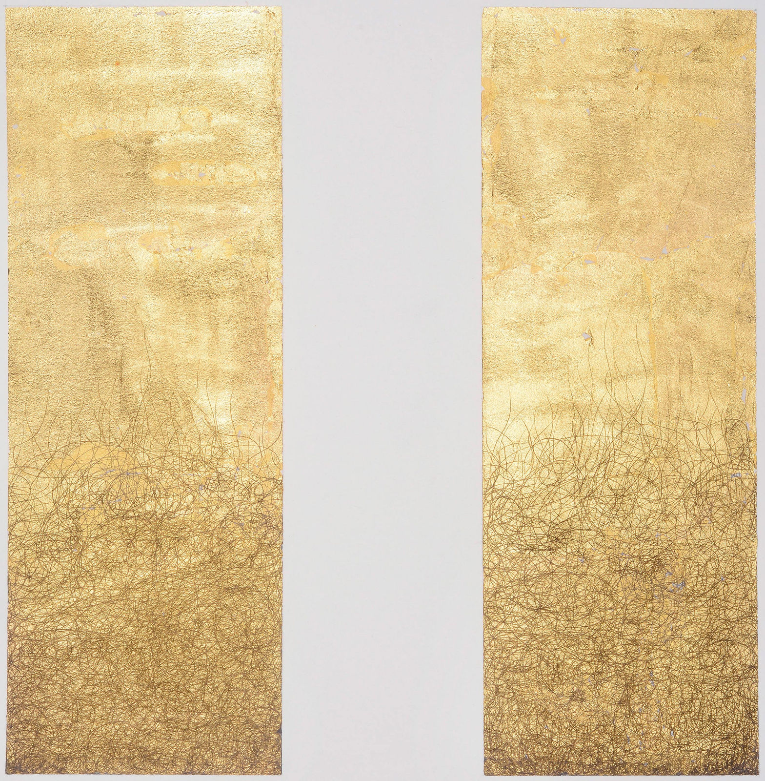 Artwork rendered in gold foil and ink depicting strands of hair meticulously drawn by Pakistani artist Rehana Mangi