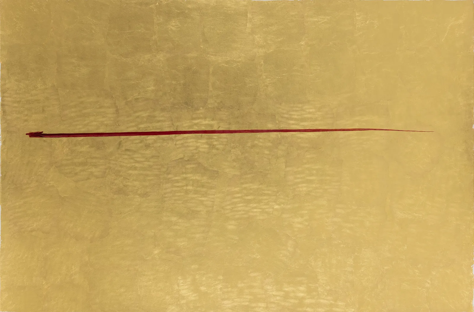 A diptych Artwork made on tinted wasli paper with gestural strokes in grey and red with gouache colour with each stroke having multiple smaller strokes within it depicting a horizontal freehand stroke extending from the first part of the diptych to the second seeming like a scribble towards the end