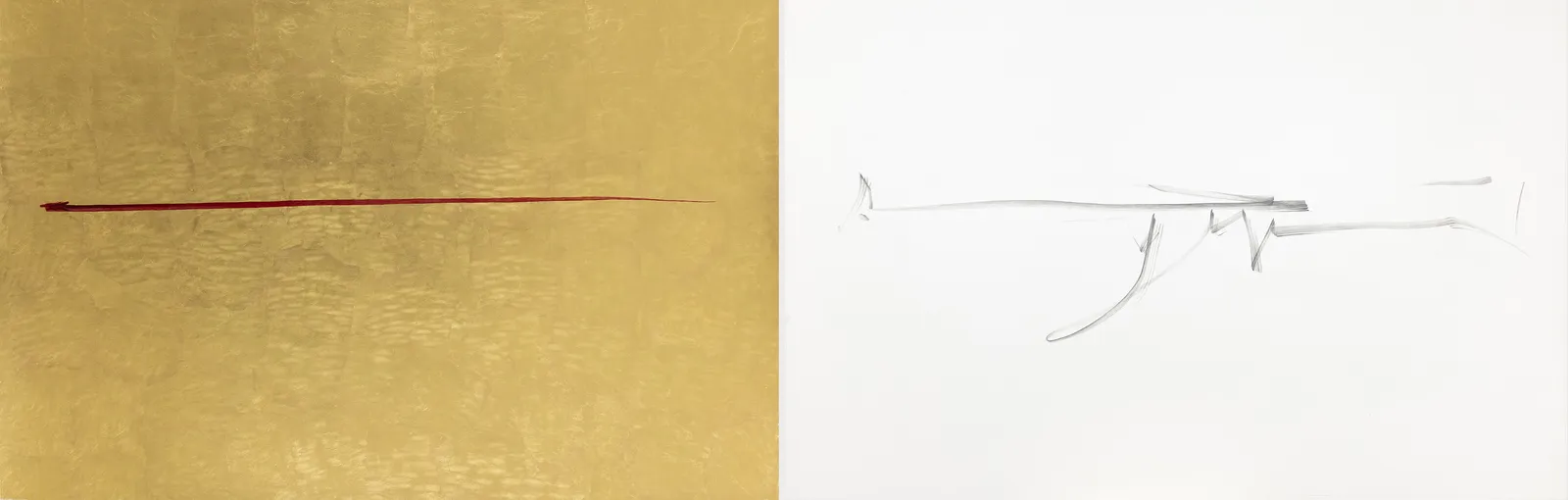 A diptych Artwork made on tinted wasli paper with gestural strokes in grey and red with gouache colour with each stroke having multiple smaller strokes within it depicting a horizontal freehand stroke extending from the first part of the diptych to the second seeming like a scribble towards the end
