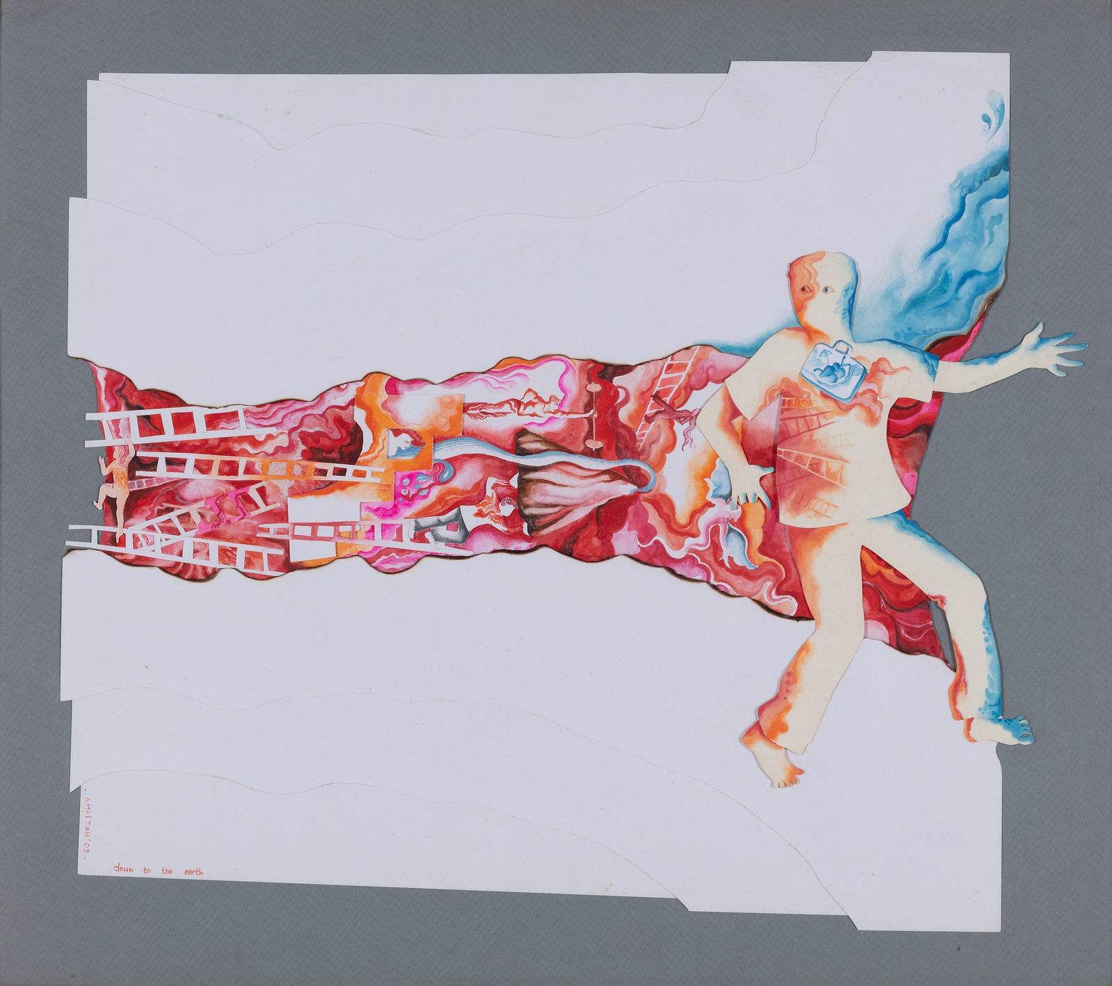 Artwork made with multiple colours depicting a man with a horizontal band infused with ladders and other colourful forms extending from his back and the paper is cut from all the sides in rectangular stair shapes