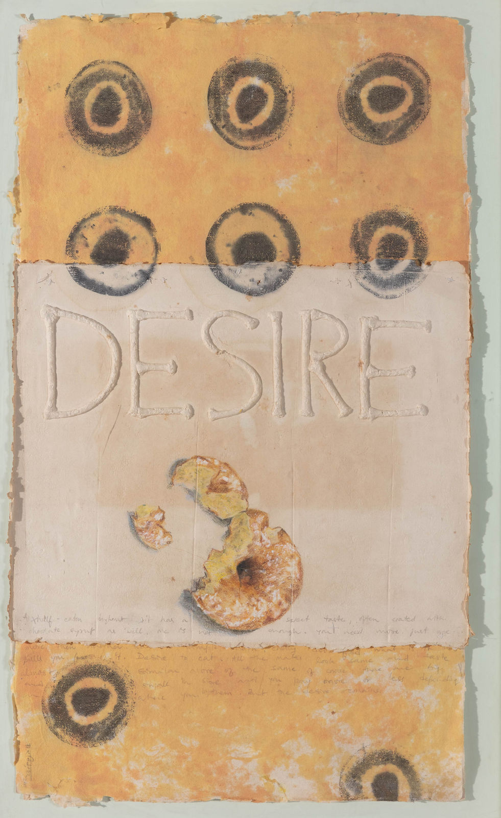 Artwork made on transferred photograph of half eaten fruit juxtaposed with bullet marked and embossed word 'DESIRE' in the centre