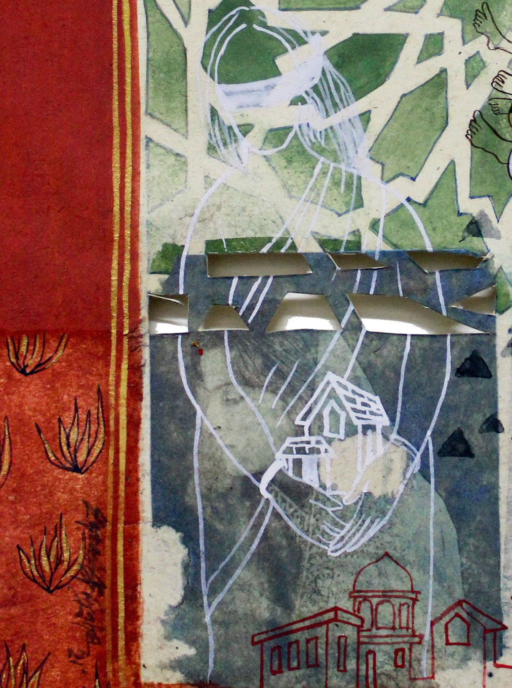 A colourful painting with a large red border on Nepali paper pasted on three layers of wasli paper depicting patterns, motifs, architecture, portraits and text that represents the nostalgia of the artist for her ancestral lineage and home in Bangladesh