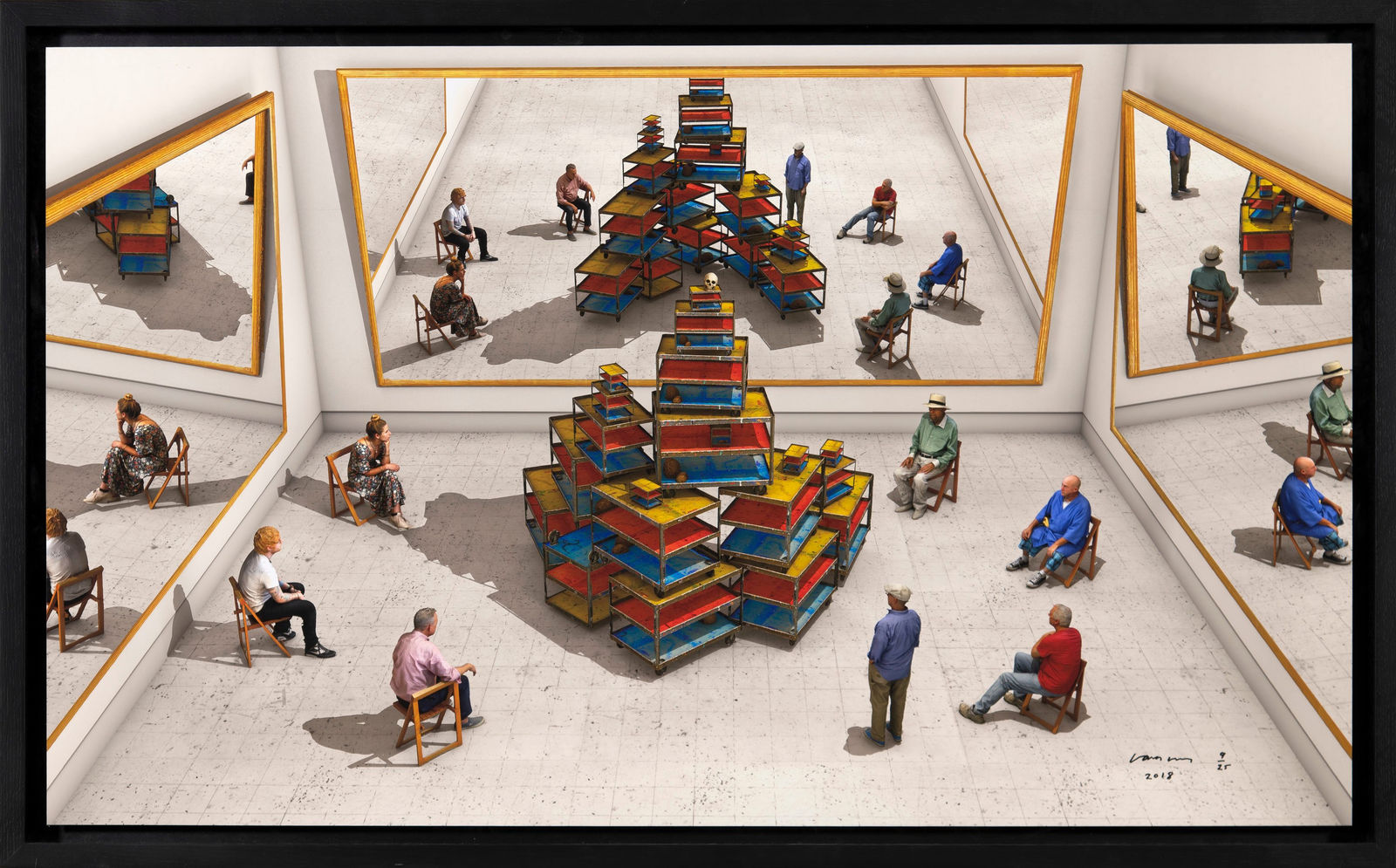 Viewers Looking at Ready-made with Skull and Mirrors by David Hockney