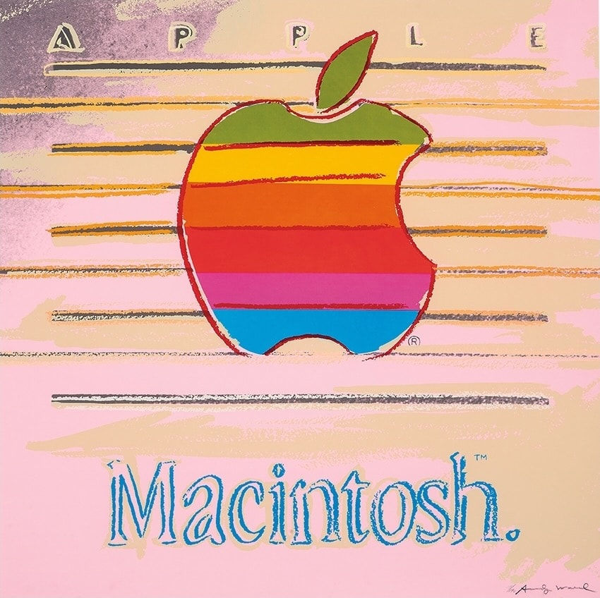 Andy Warhol print of advert for Apple Macintosh with rainbow coloured apple and pink and green stripe background