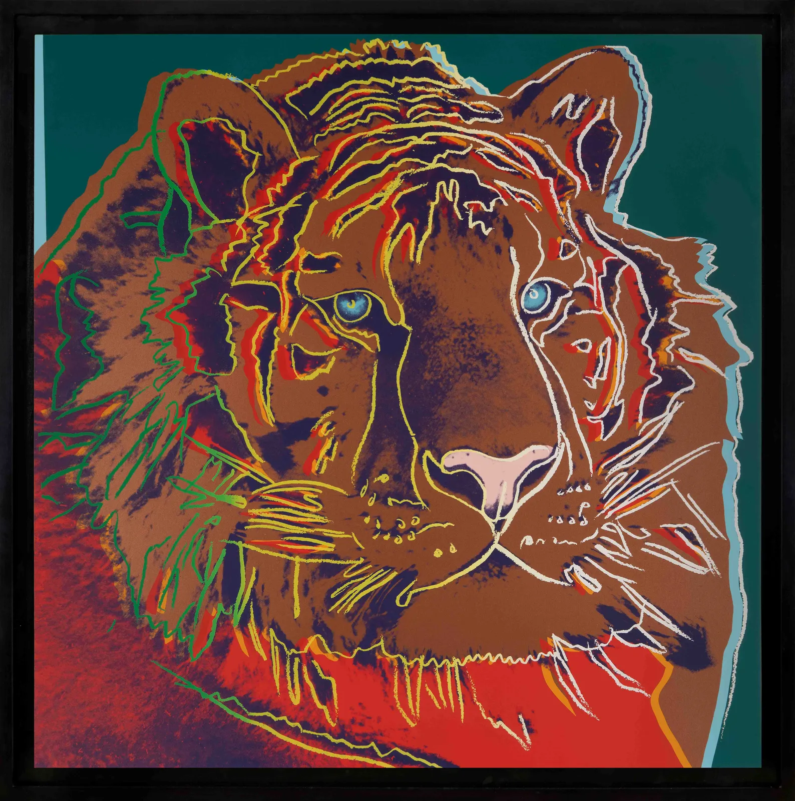Andy Warhol screenprint of a Siberian Tiger head with green background, gold and red colours and neon blue eyes in black frame