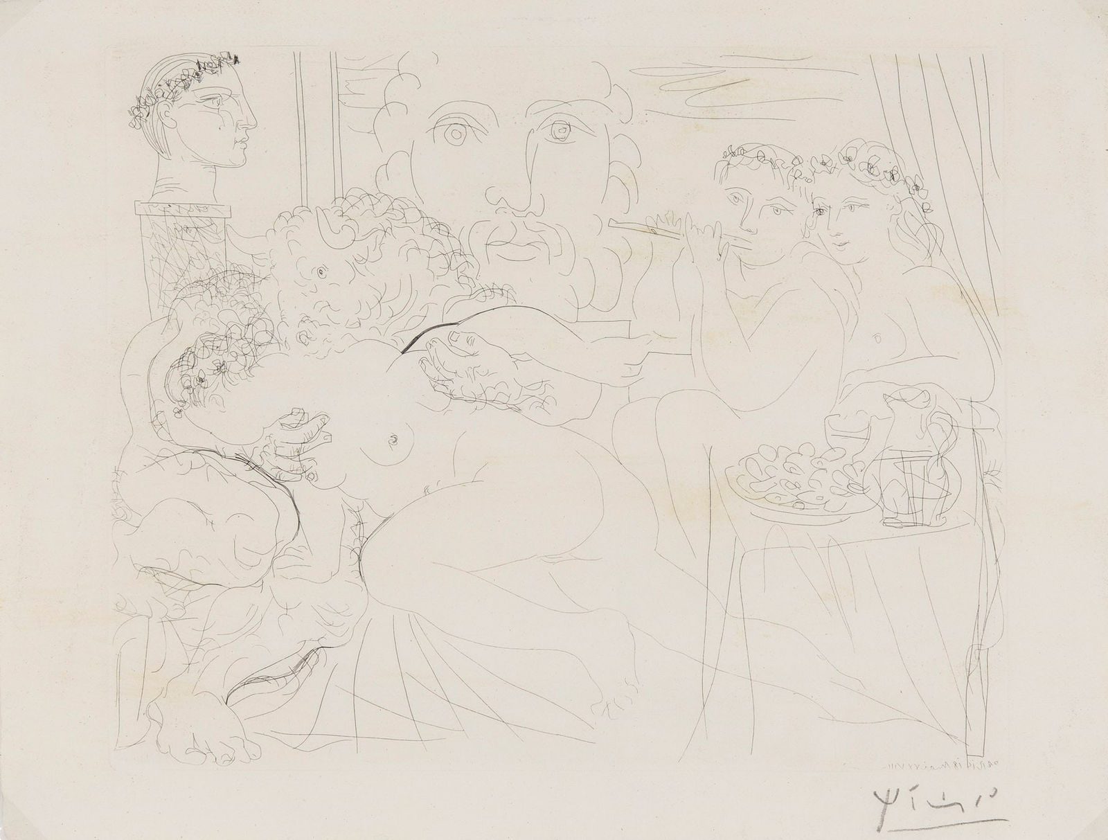 Pablo Picasso, Autoportrait sous trois formes: Pientre Couronne, Sculpteur en buste et Minotaur amoureux Minotaure Caressant une Femme, 1933/1939