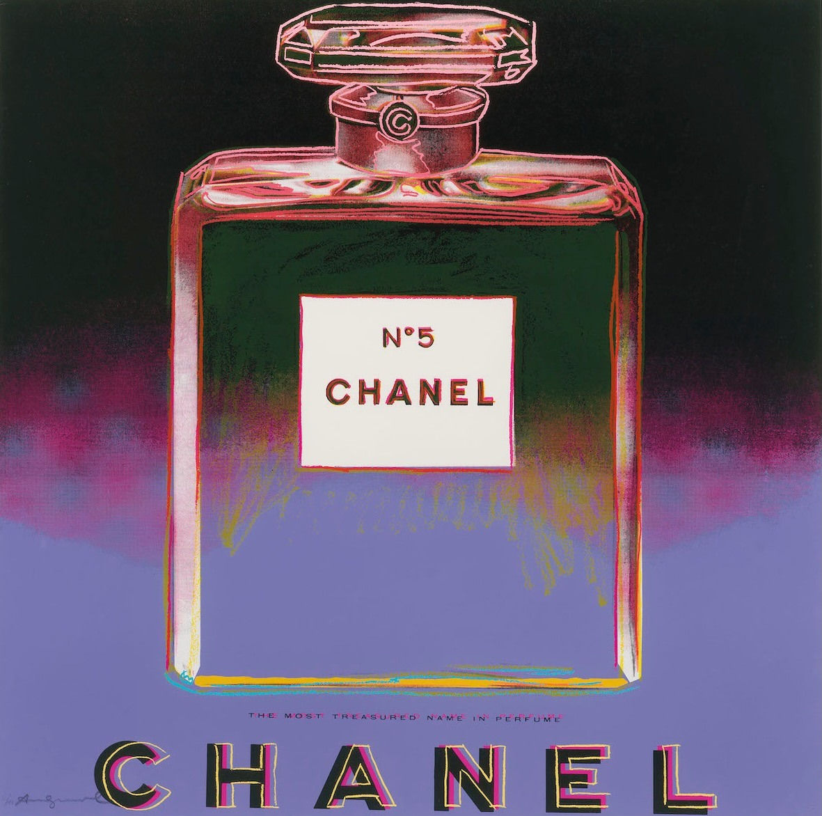Andy Warhol screenprint Chanel No5 perfume bottle, Chanel logo on black to purple background.