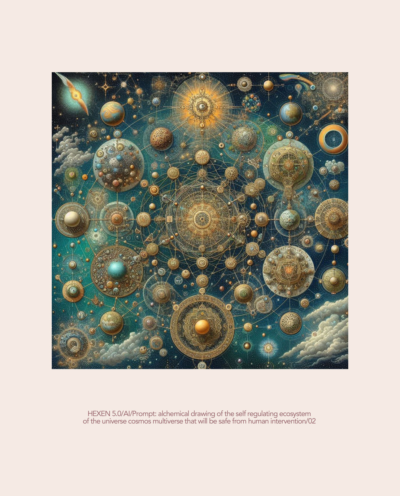 Suzanne Treister, HEXEN 5.0 / AI / Prompt: alchemical drawing of the self regulating ecosystem of the universe cosmos multiverse that will be safe from human intervention, 2023-25