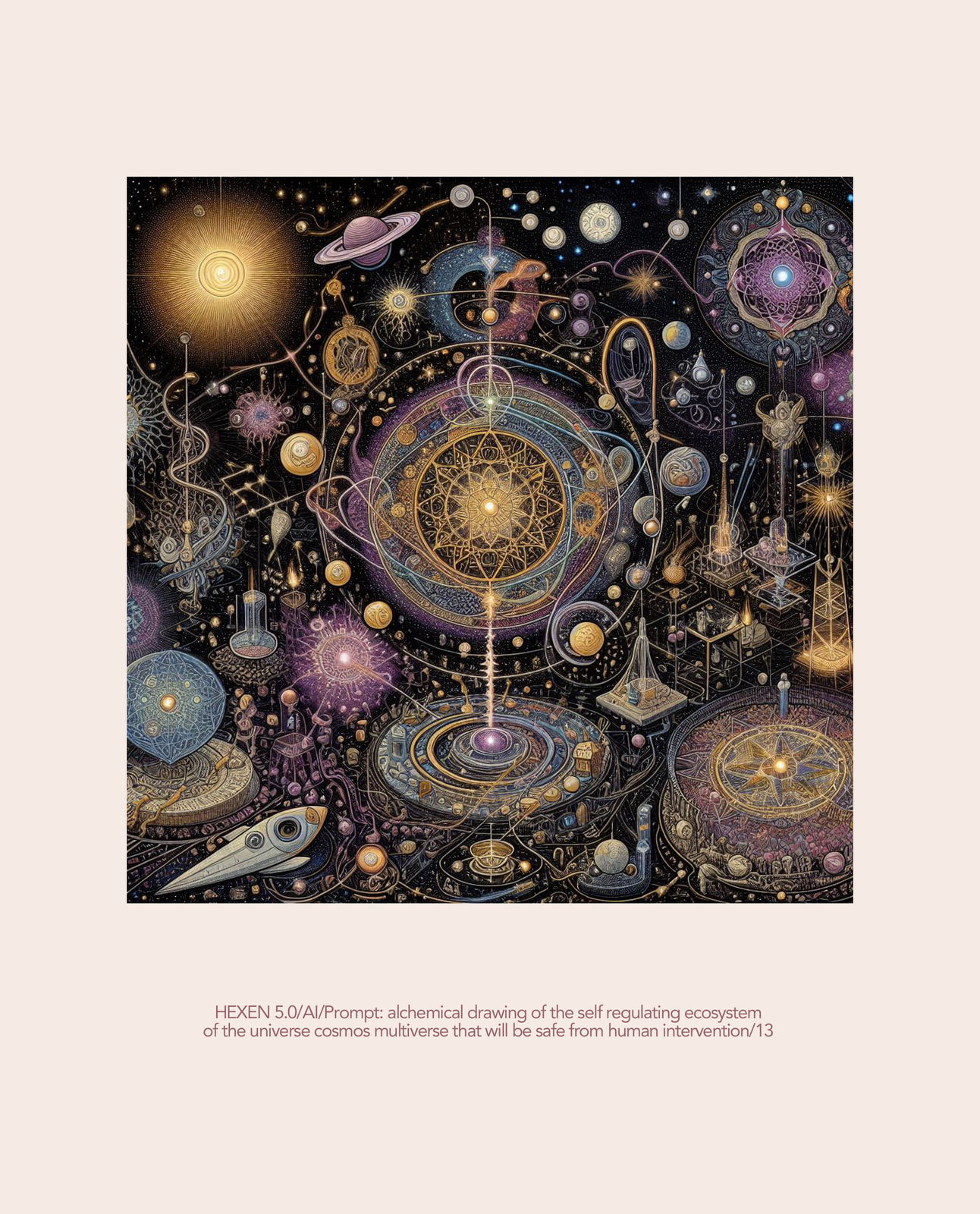 Suzanne Treister, HEXEN 5.0 / AI / Prompt: alchemical drawing of the self regulating ecosystem of the universe cosmos multiverse that will be safe from human intervention, 2023-25