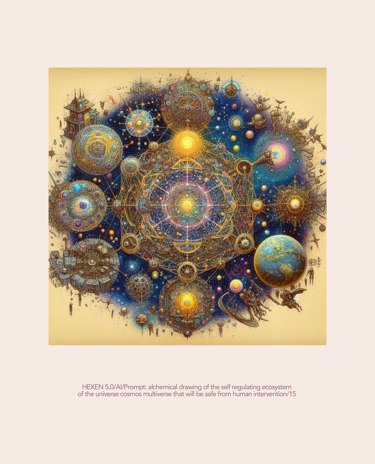 Suzanne Treister, HEXEN 5.0 / AI / Prompt: alchemical drawing of the self regulating ecosystem of the universe cosmos multiverse that will be safe from human intervention, 2023-25