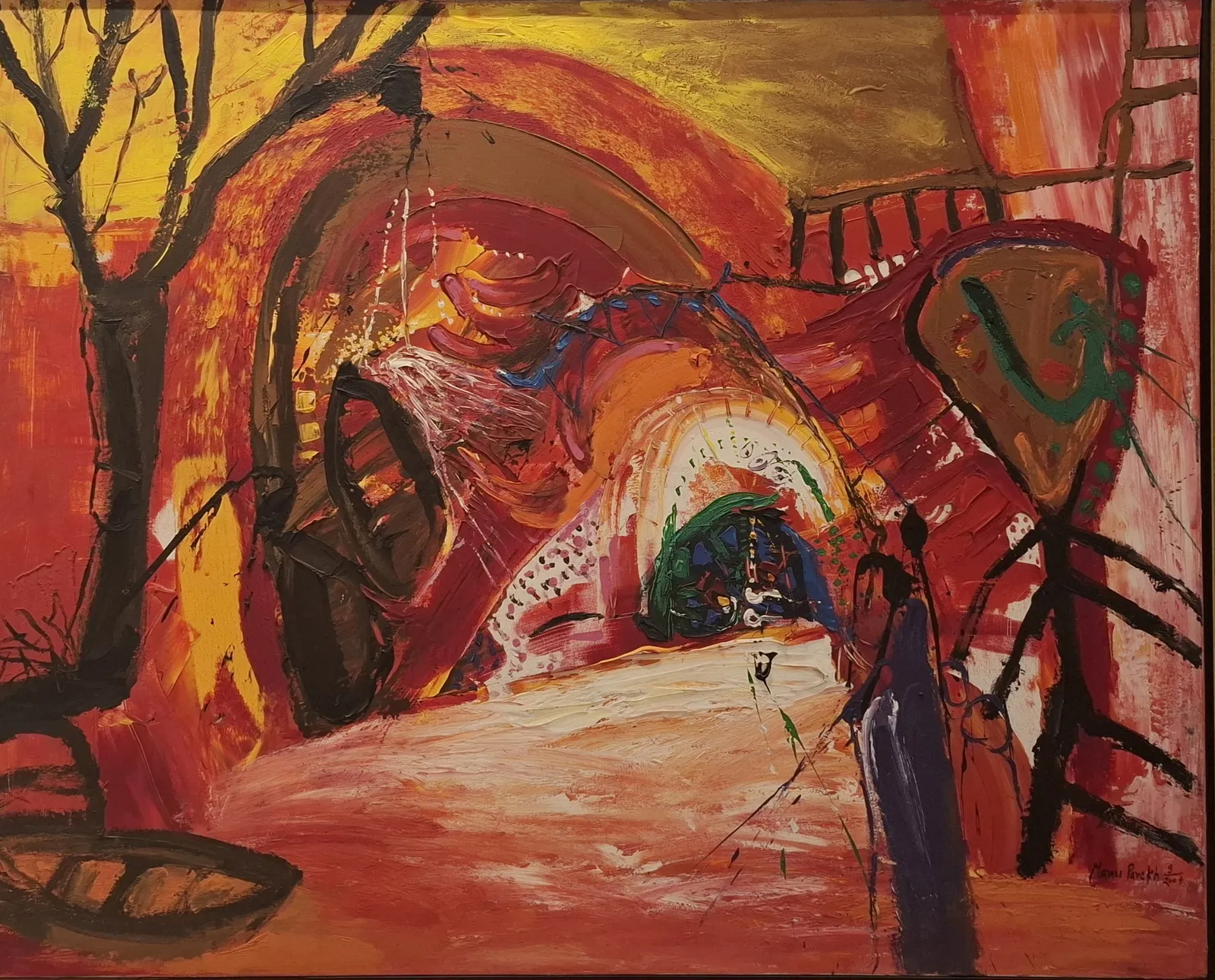 Manu Parekh, Benares Landscape: Tree, Boat and Temple, 2004