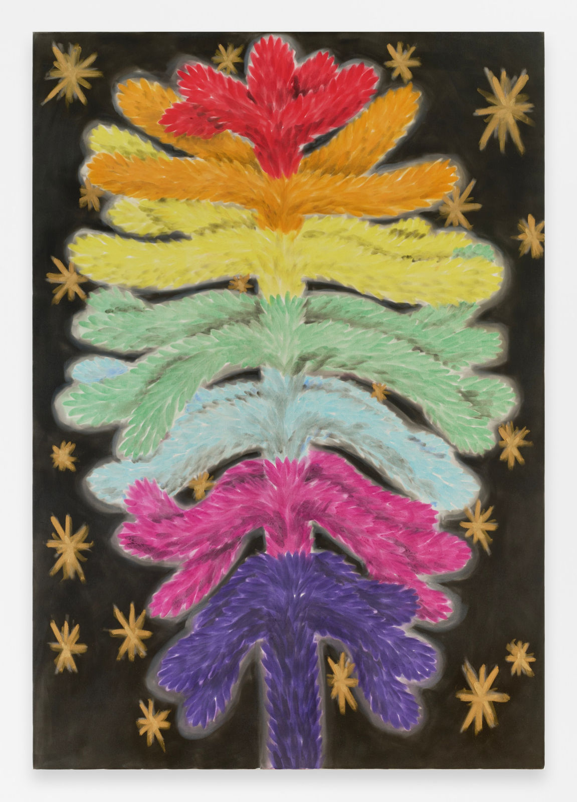 Andrew Sim, portrait of a rainbow monkey puzzle with stars, 2025