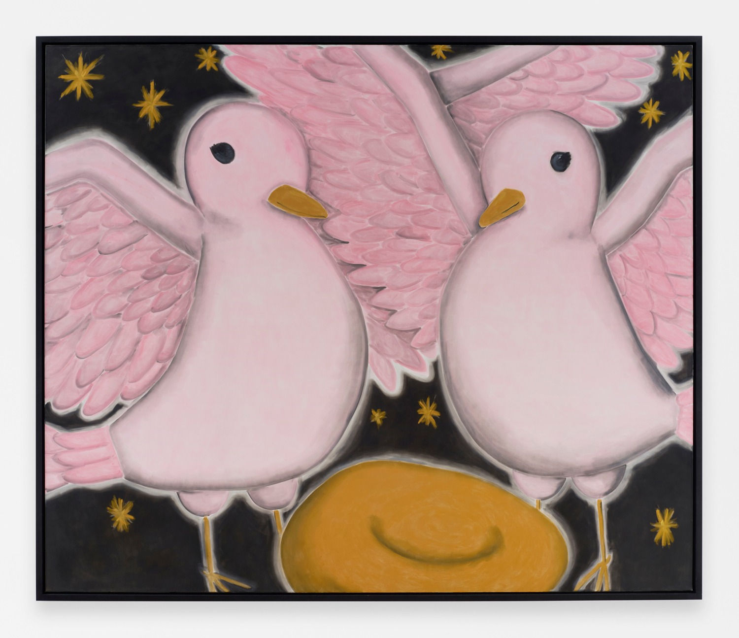 Andrew Sim, Two pink birds with a gold nest, 2024