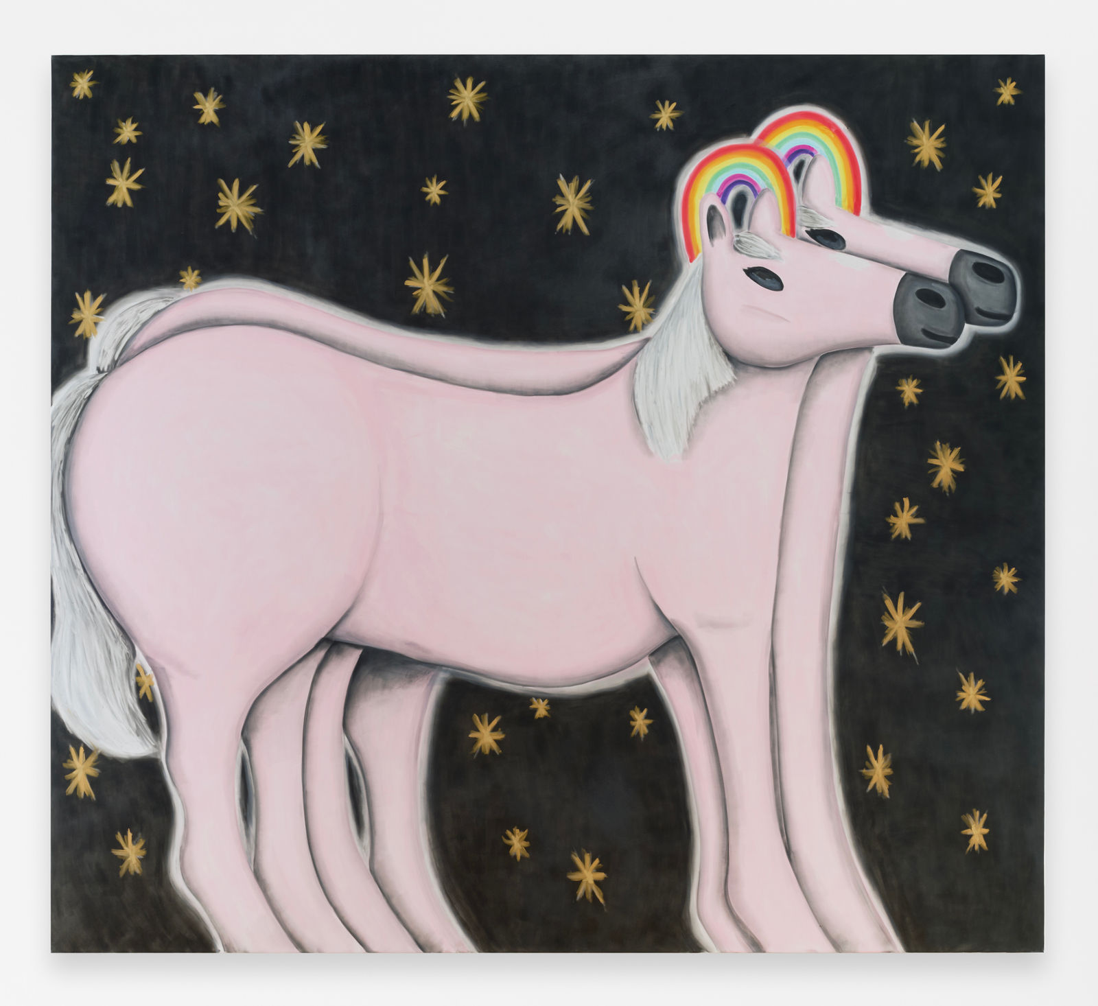 Andrew Sim, portrait of two pink horses with rainbows and stars, 2025