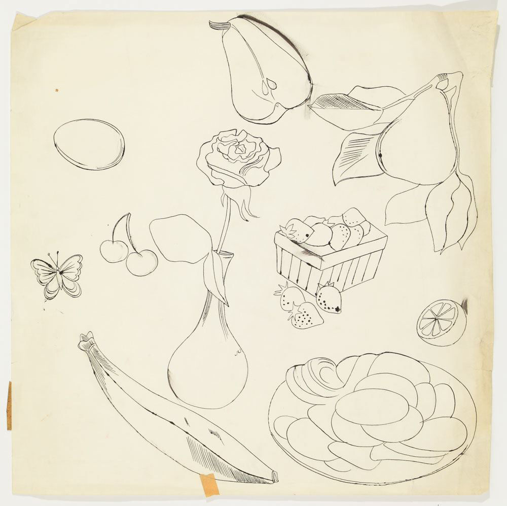 Andy Warhol, Rose in Vase, Fruit and Butterfly, ca. 1957