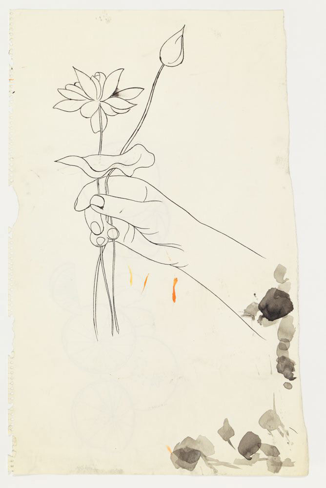 Andy Warhol, Hand Holding One flower and One Bud, ca. 1957