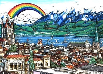 Charles Fazzino, Rainbow over Lausanne, 2024