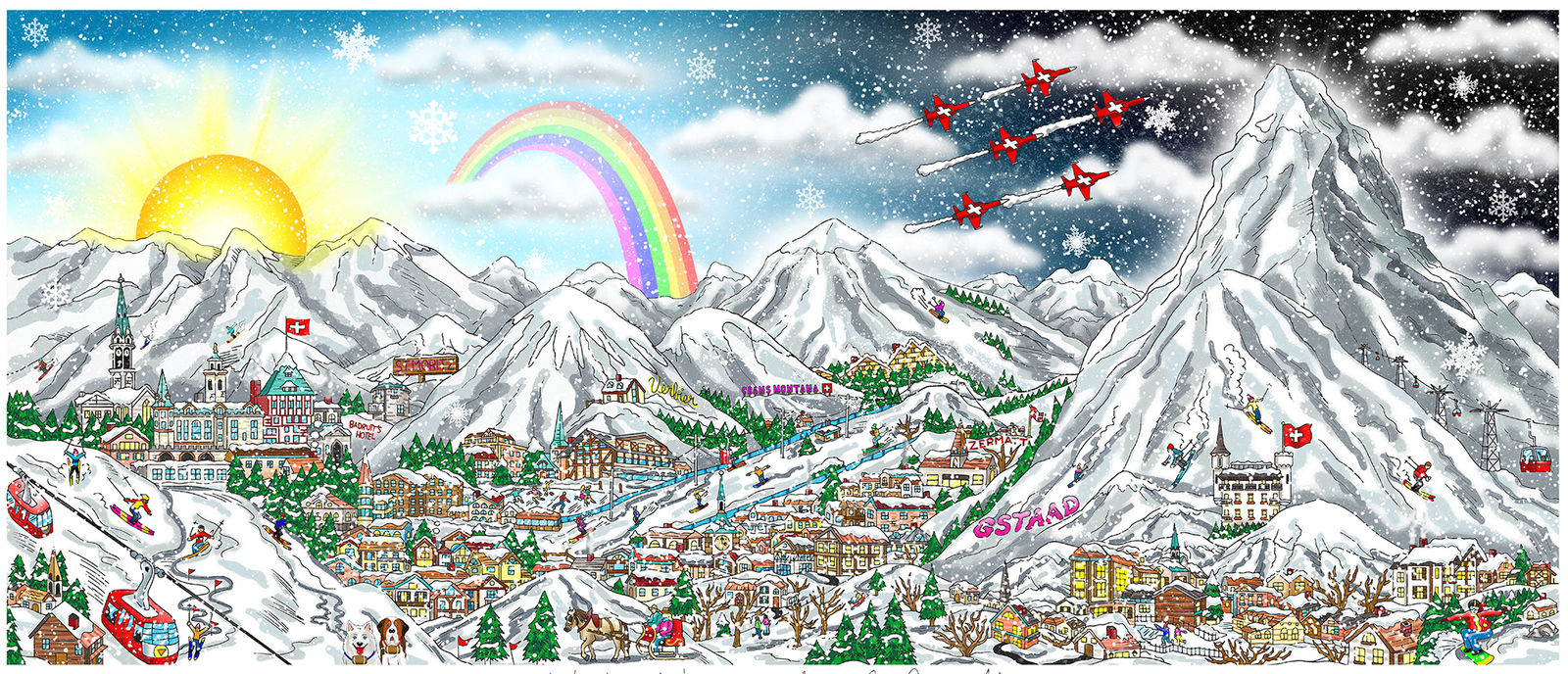 Charles Fazzino, Winter Wonderland in the Swiss Alps , 2025