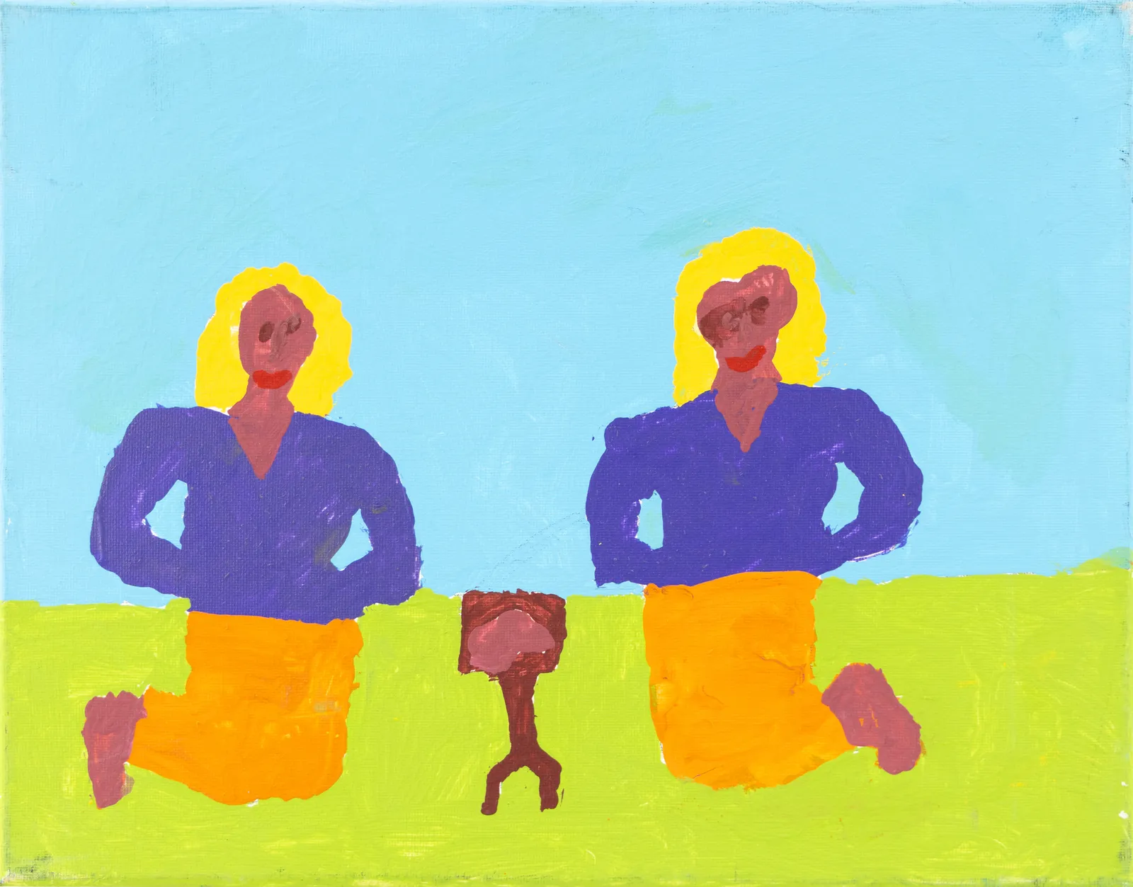 Two dark-skinned female figures with yellow hair in gold skirts and purple tops are kneeling on a patch of green grass with a small table between them. The sky is blue