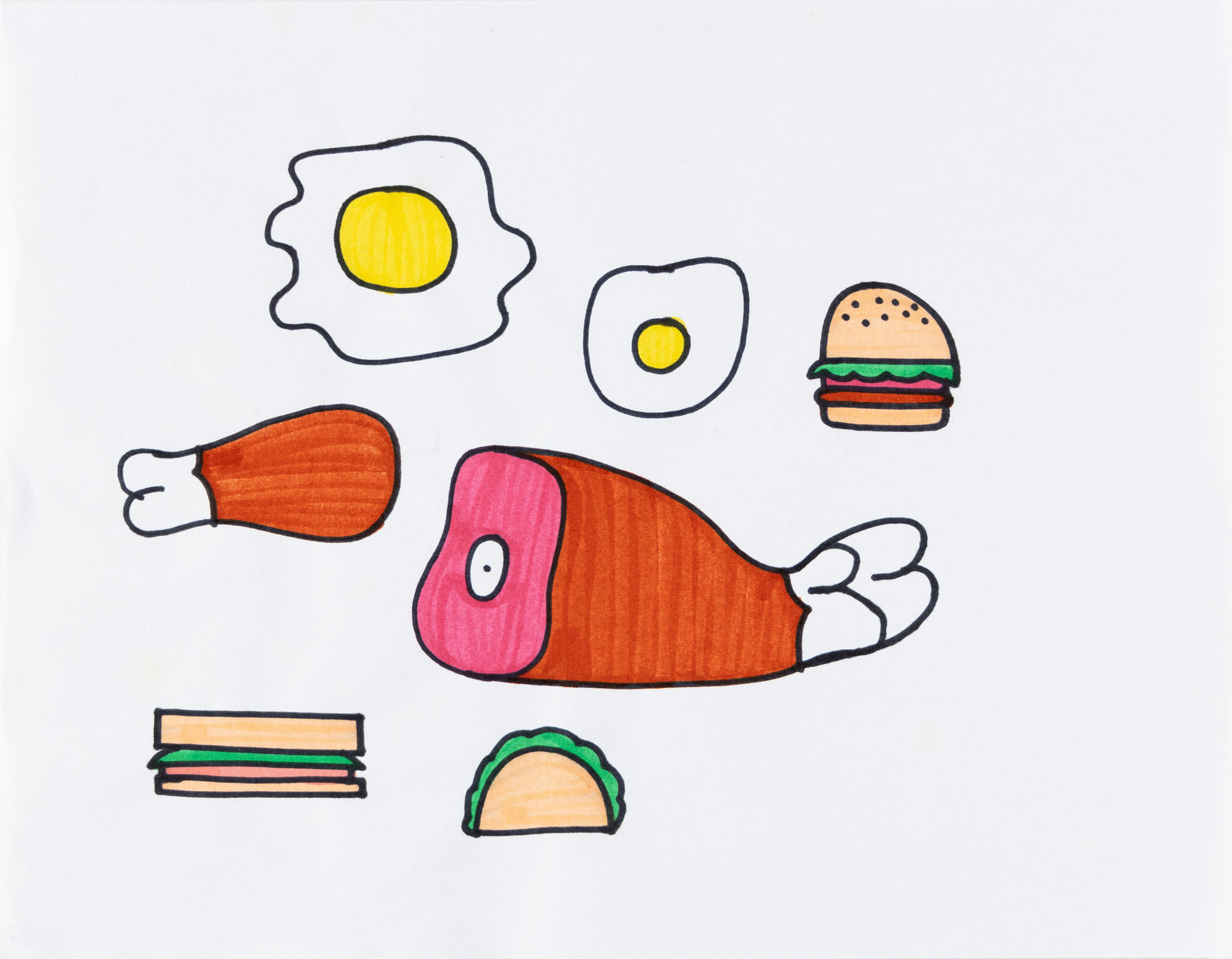 Noel Herrera, Untitled (Ham, Eggs, Burger, Sandwich, Taco), 2021