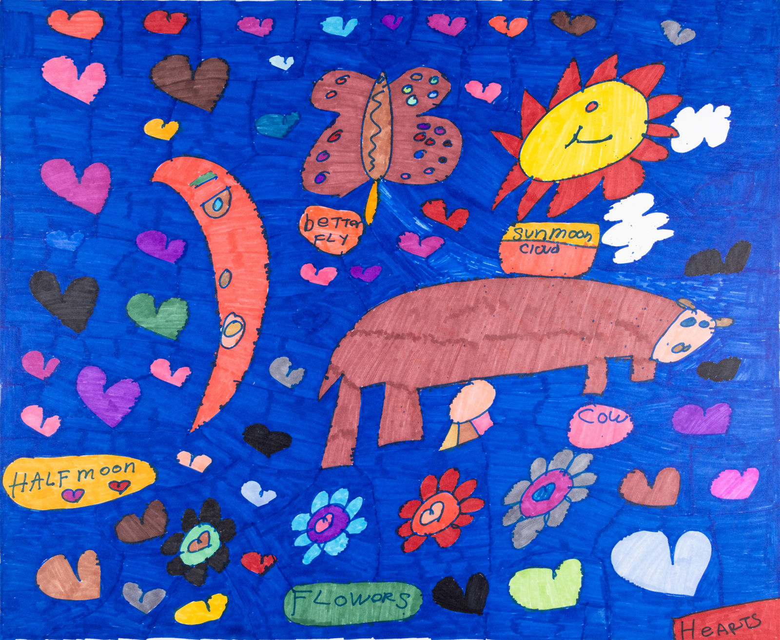 Maria Vanik, Halfmoon, Cow, Sun Moon, Heart, Butterfly, Cloud, Flowers, 2022