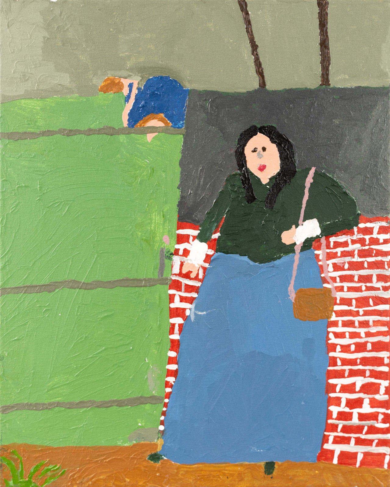 A woman in a blue skirt with black hair and a green top stands in front of a brick wall holding her purse. Before her is a light green door with a blue shape perched towards the top right corner. 