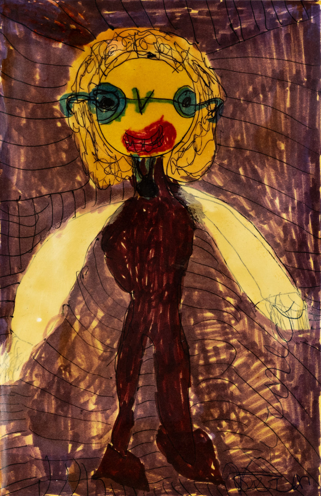 A painted figure with blonde hair and green glasses
