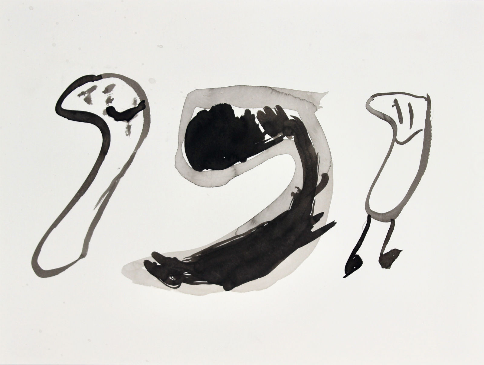 Three curvilinear shapes in black ink on white paper. The shapes on the left and right have faces, the one in the middle is filled in and curved like a comma.