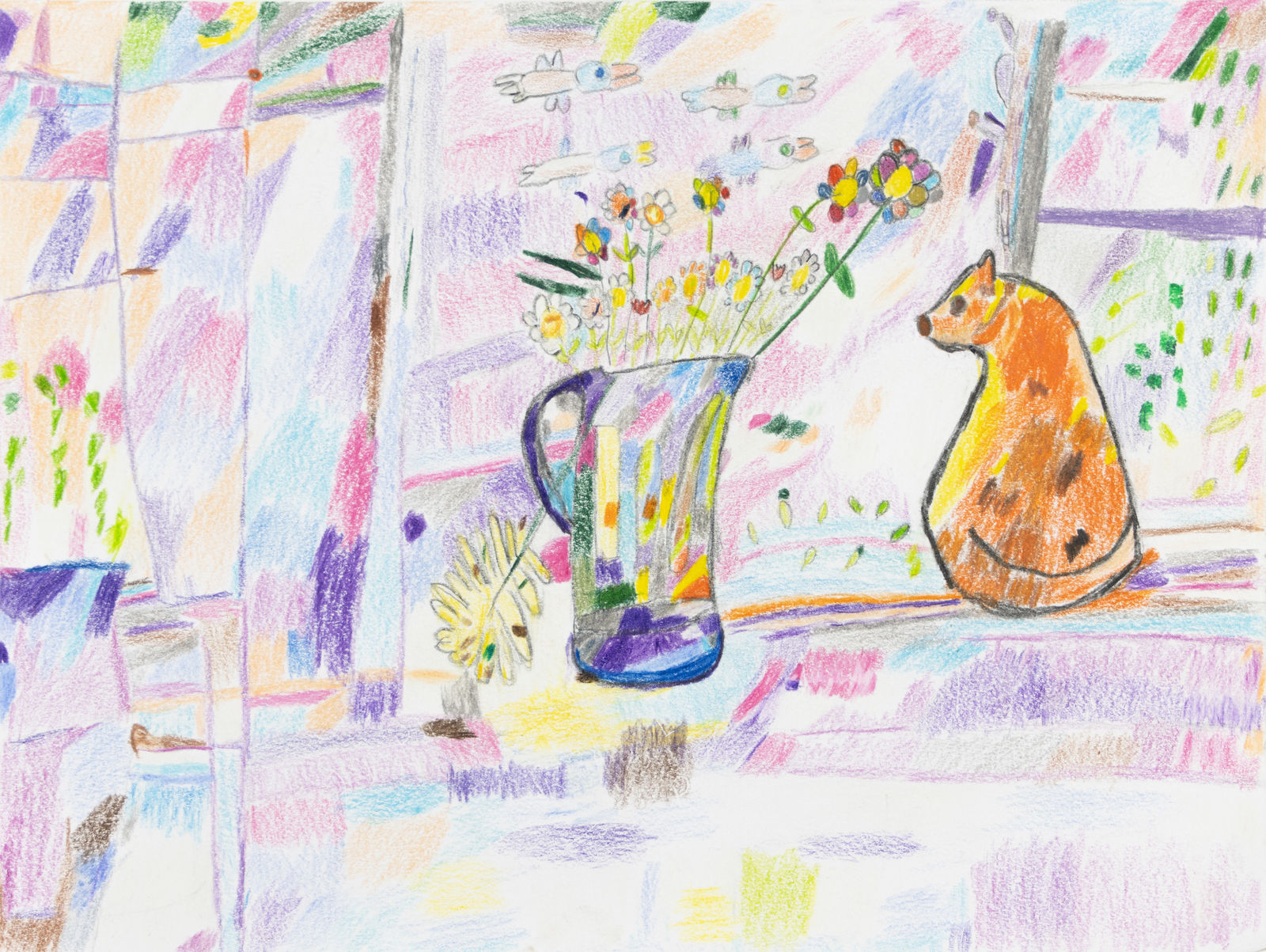 Carol Pyes, Striped Jug Spring Flowers and Cat, 2024