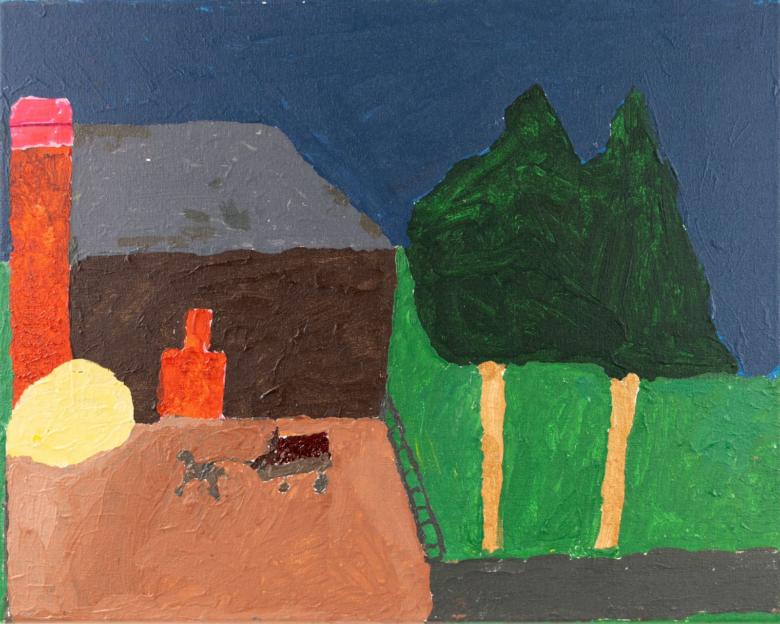 A landscape with a brown barn with an orange door and chimney. A yellow hay bale sits to the left edge of the barn and in the courtyard is a horse attached to a cart. Next to the property is a road with two tall trees nearby against a dark blue sky