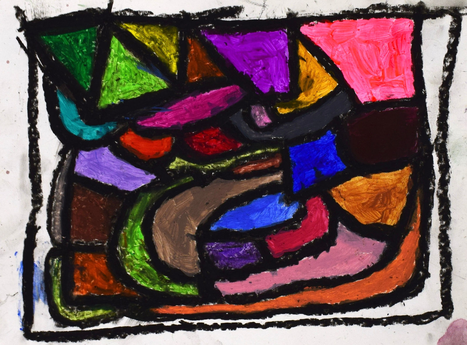 A colorful array of shapes surrounded by a black border.