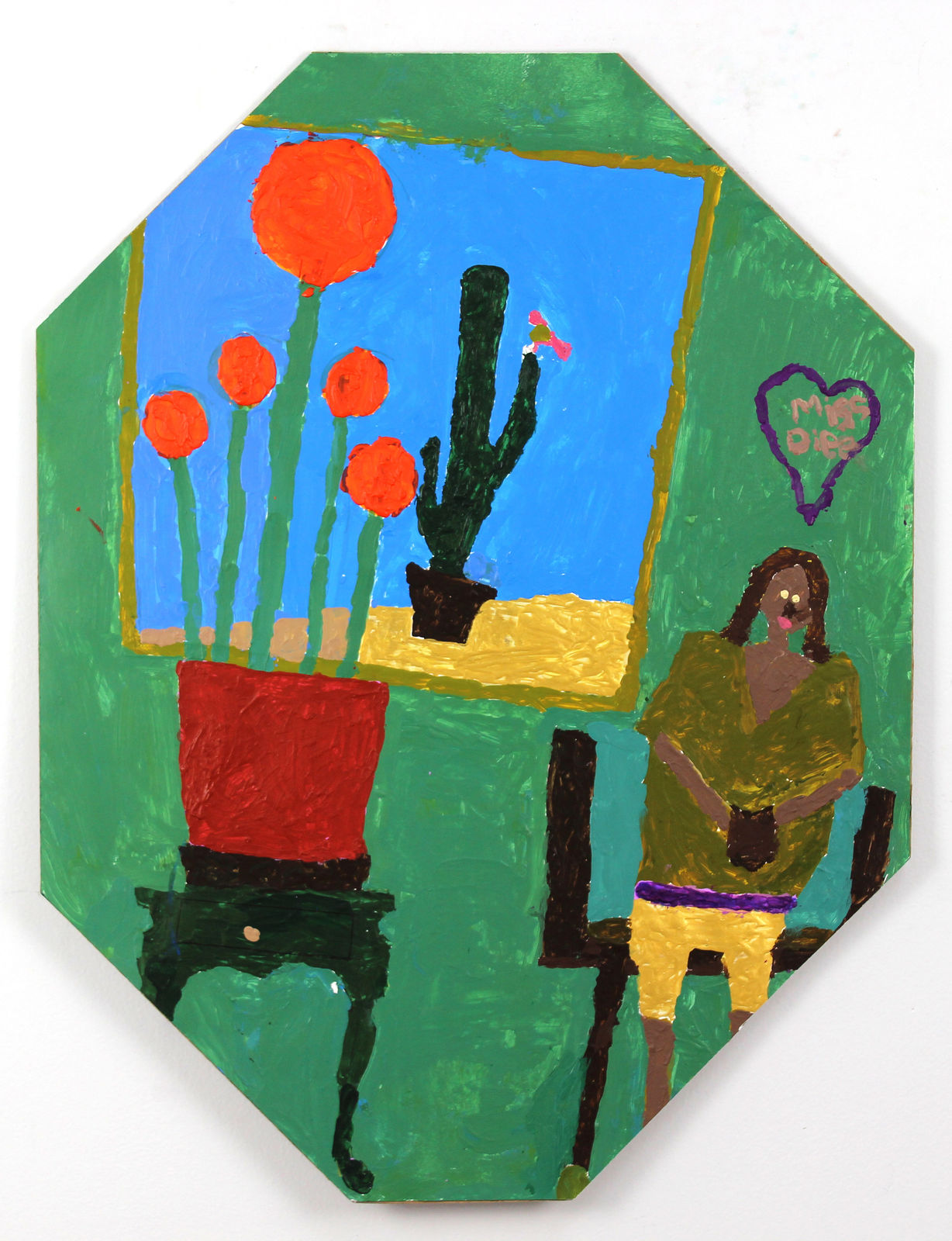 An uneven octagonal board with a green interior scene. A female figure in a green shirt and yellow shorts sits on a chair near a window or picture framing a landscape with a cactus. Nearby is a side table that holds a pot with a five stalked plant, each topped with an orange circle. 