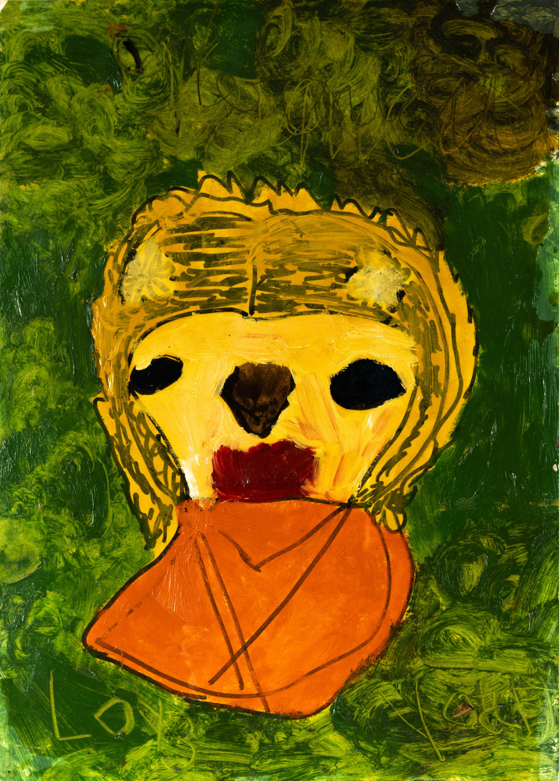 A painted yellow head with an orange body on a green background.