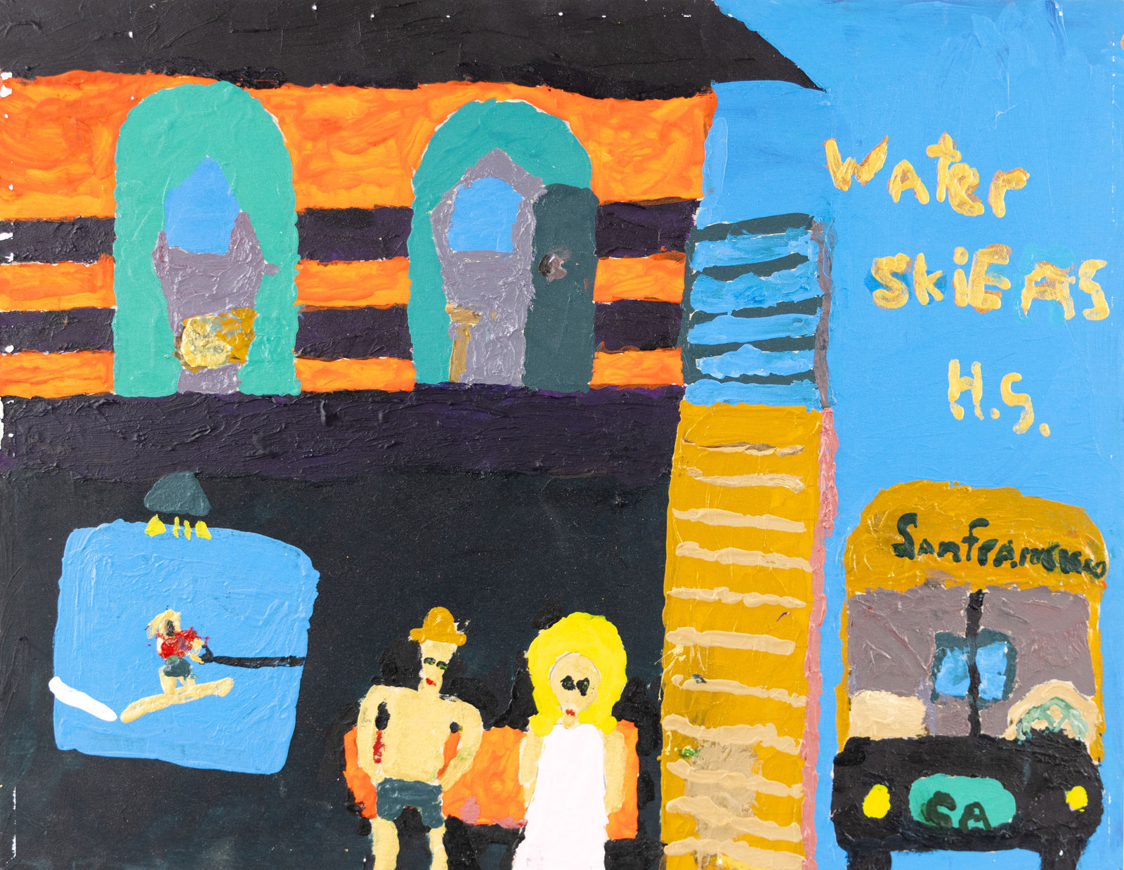 Two figures one male and one female rest on an orange towel on a black ground. Nearby is an image of a water skier, and stairs leading up into a building. A school bus is to the right of the figures and has 